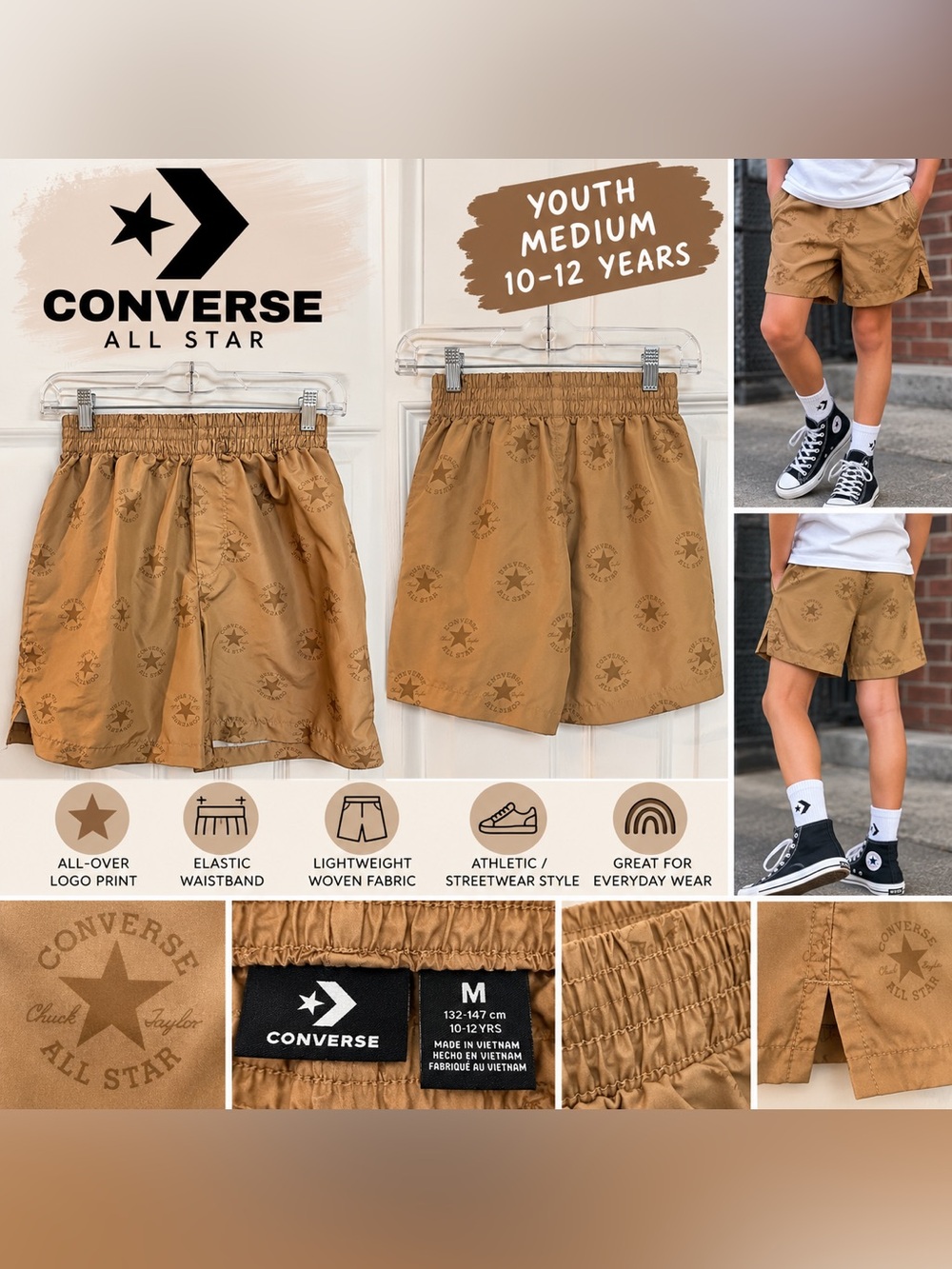 Converse All Star Youth M 10-12 Tan Logo Print Pull-On Shorts